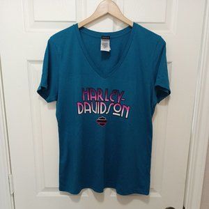 Women's Harley Davidson Blue Green & Pink South Dakota Vneck T-Shirt Size Large